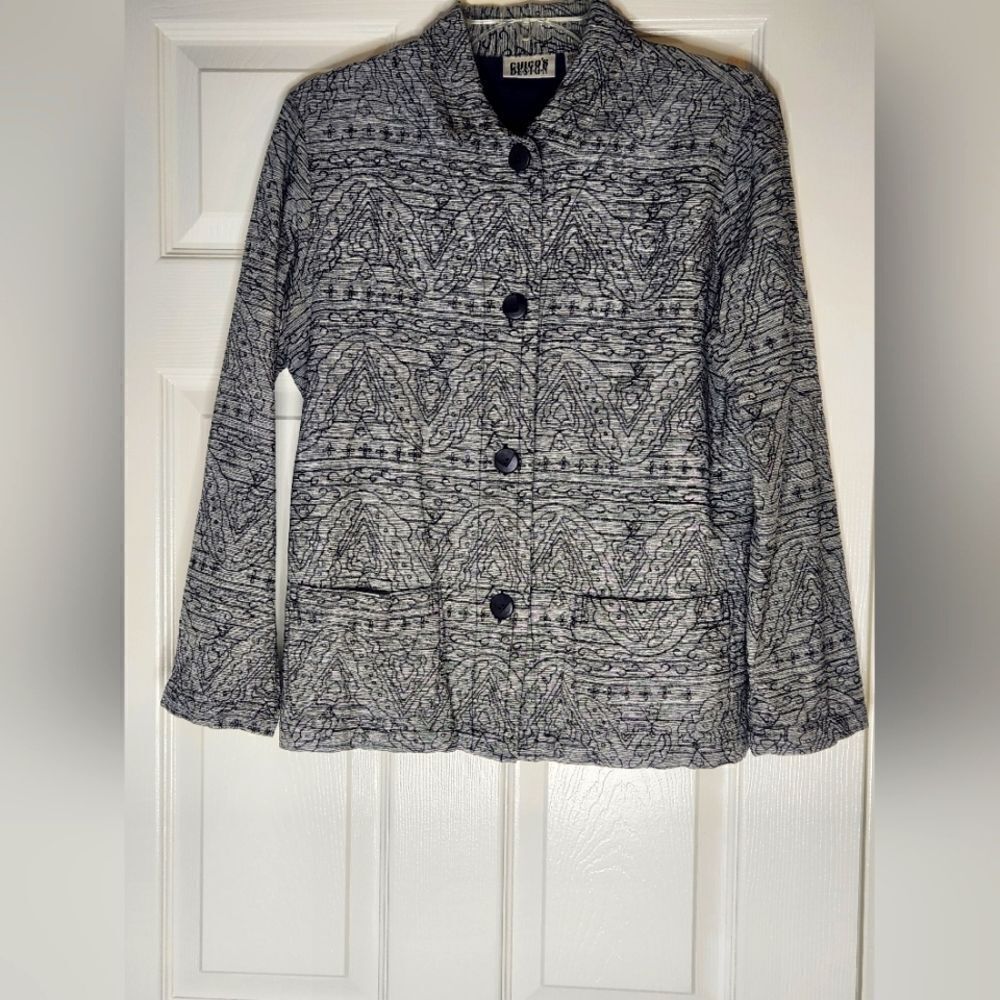 Chico’s Design 1/M Silver 100%SILK Embrdrmd LngslvPockets ButtonUp Women Blazer